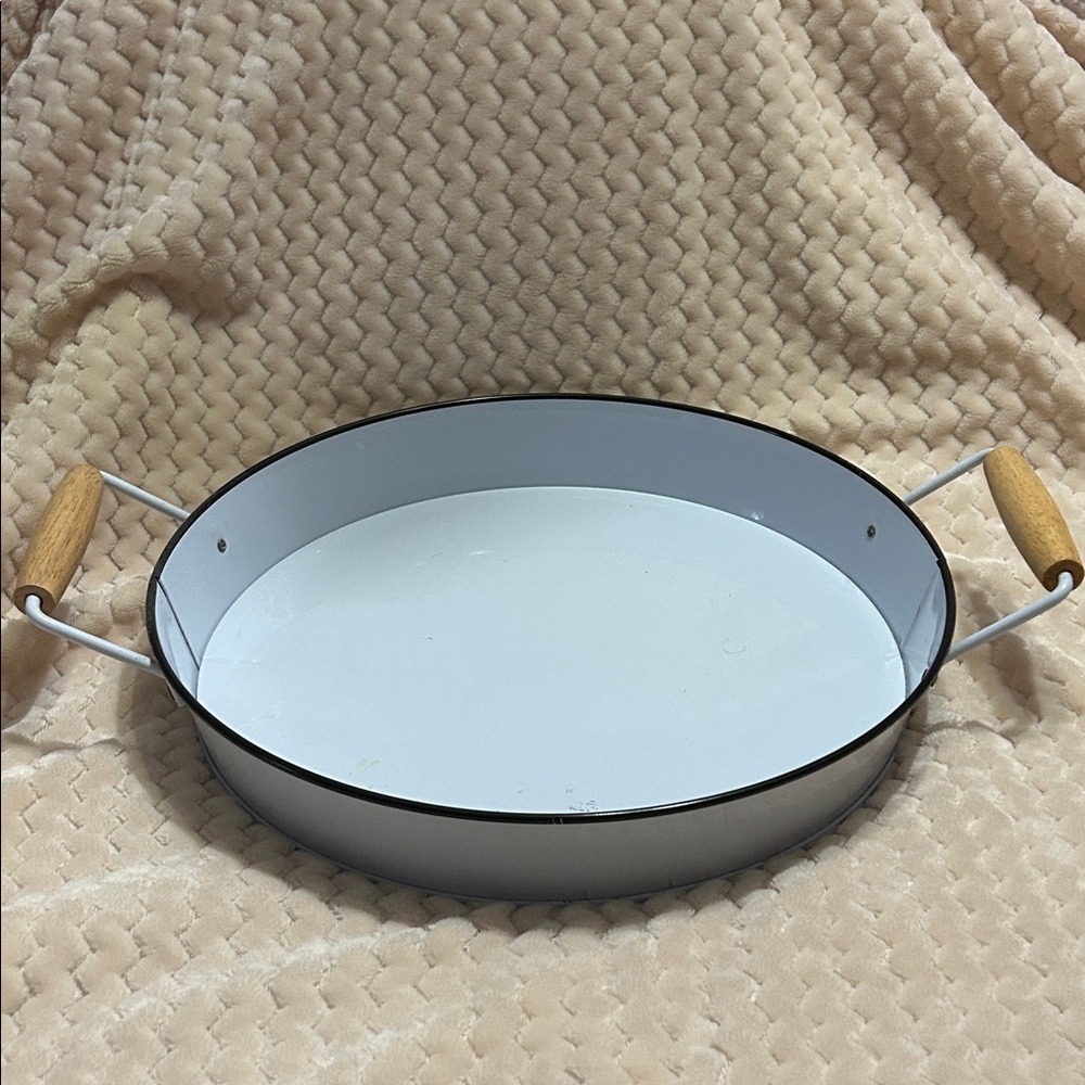 White Enamel Serving Tray with Wooden Handles 12 1/2 in x 2 in deep